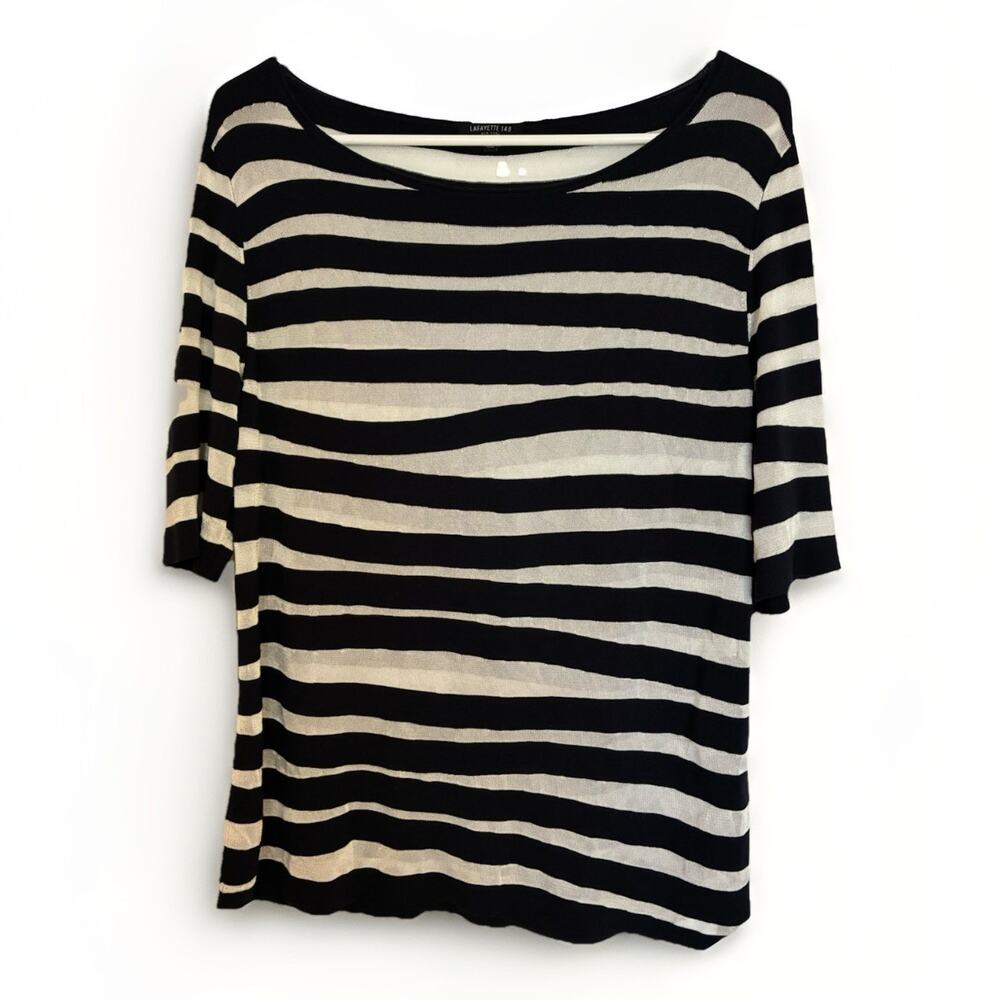 LAFAYETTE 148 New York Short Sheer Top Navy White Striped Pullover 3/4 Sleeve S
